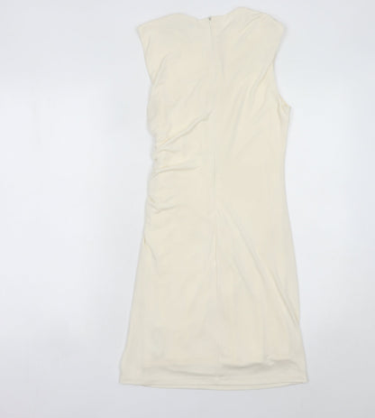 Zara Women Ivory Sheath Dress Size 12 Knee Length Ruched