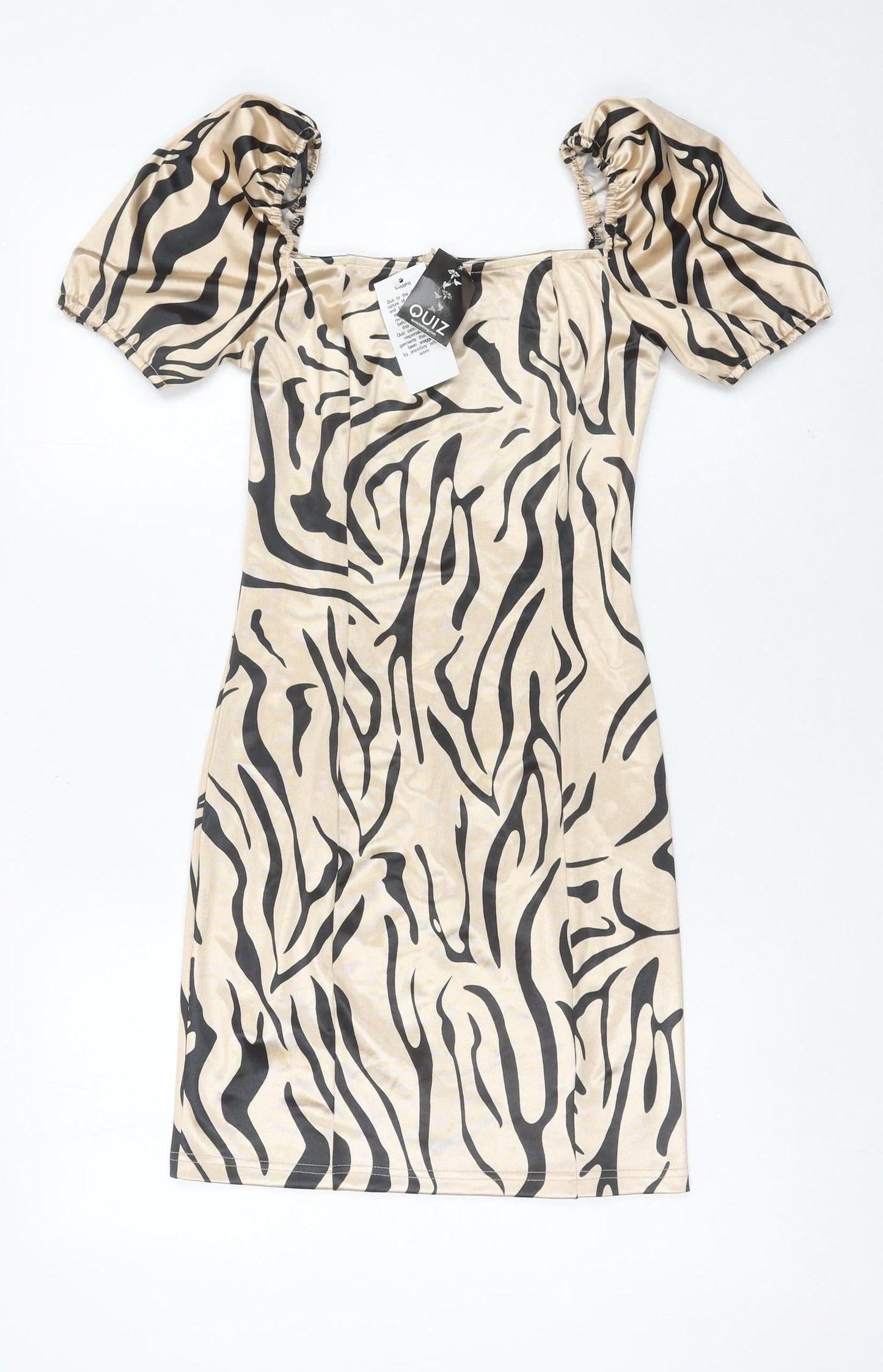 Quiz Women’s Beige Animal Print Bodycon Dress Size 12 Puff Sleeve