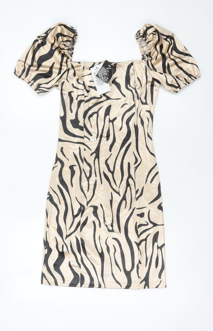 Quiz Women’s Beige Animal Print Bodycon Dress Size 12 Puff Sleeve