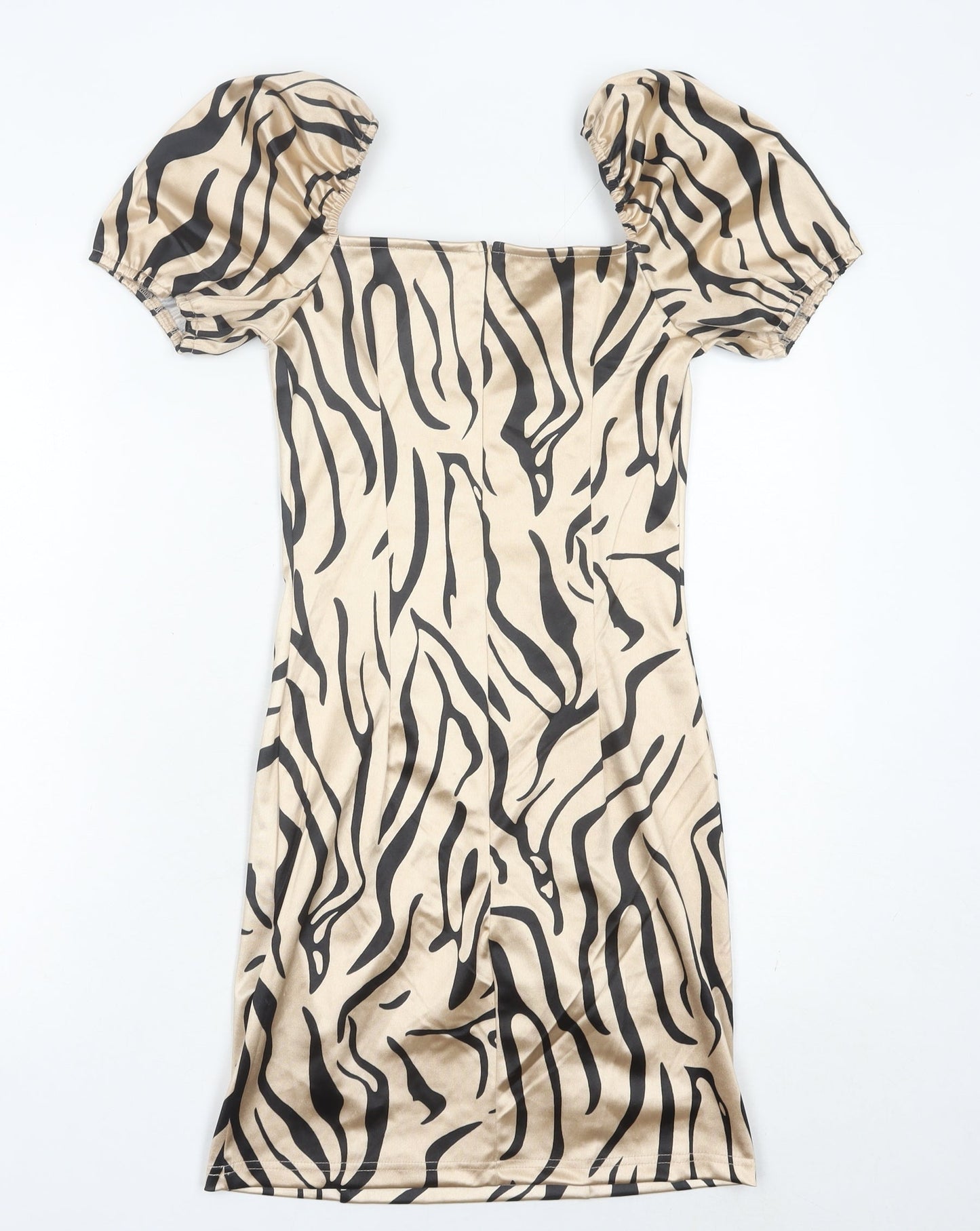 Quiz Women’s Beige Animal Print Bodycon Dress Size 12 Puff Sleeve