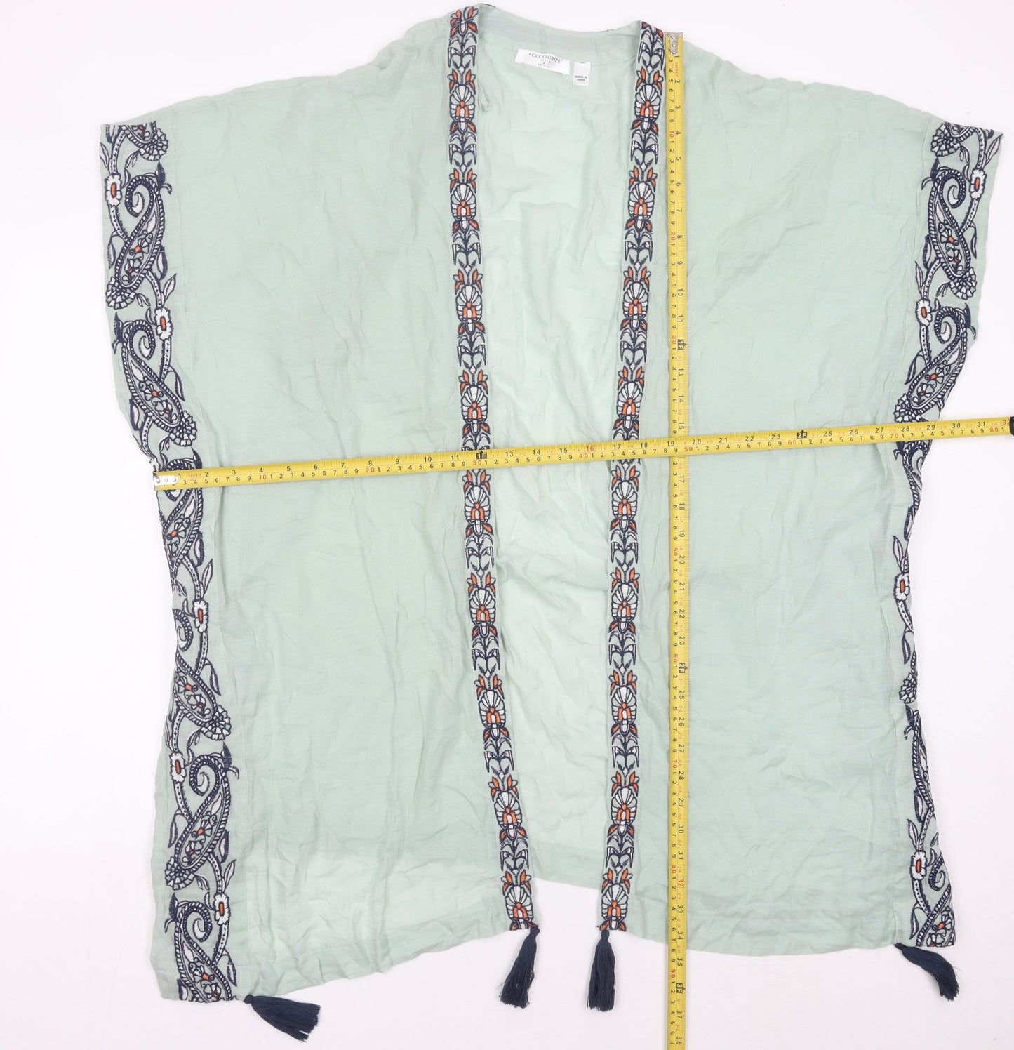 Accessorize Women’s Green Cotton Kimono Blouse UK 12 Boho Tassel