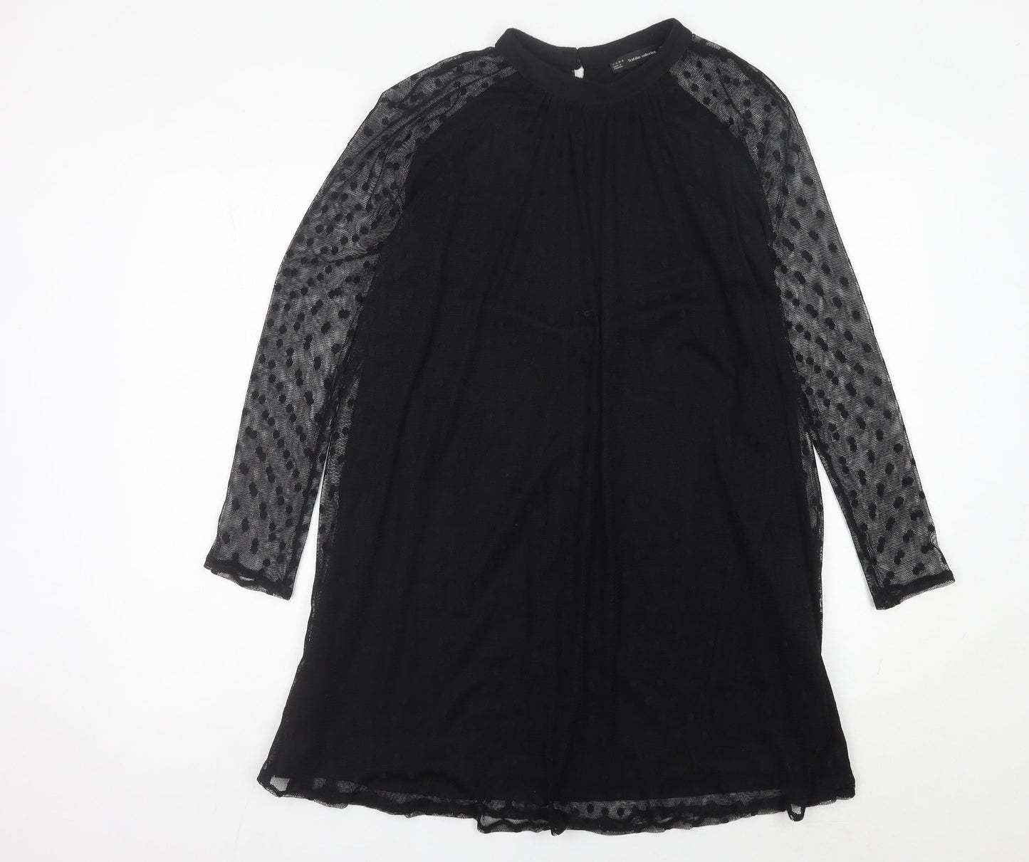Zara Women Black Shift Dress Size 12 Mesh Polka Dot Long Sleeve