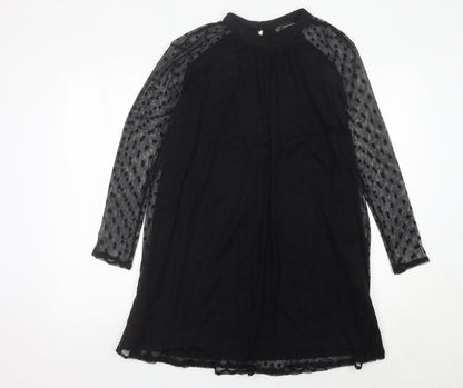 Zara Women Black Shift Dress Size 12 Mesh Polka Dot Long Sleeve