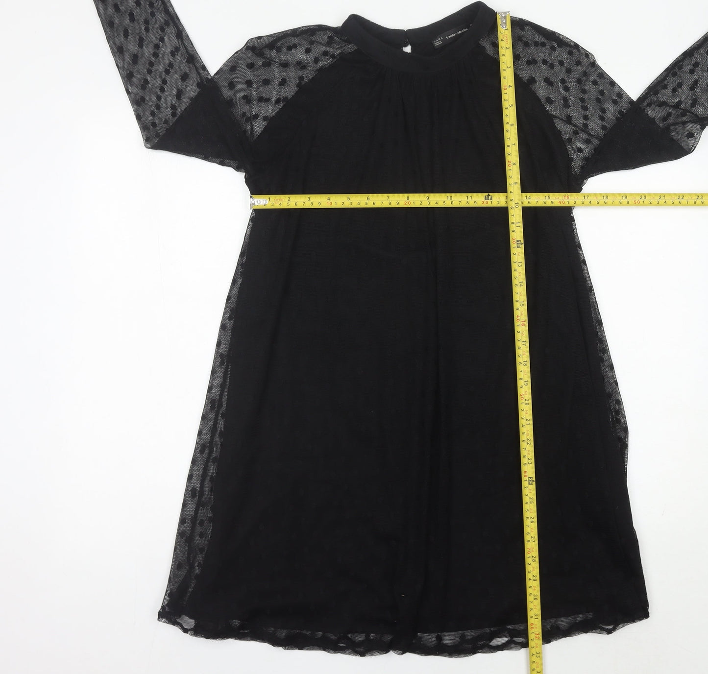 Zara Women Black Shift Dress Size 12 Mesh Polka Dot Long Sleeve