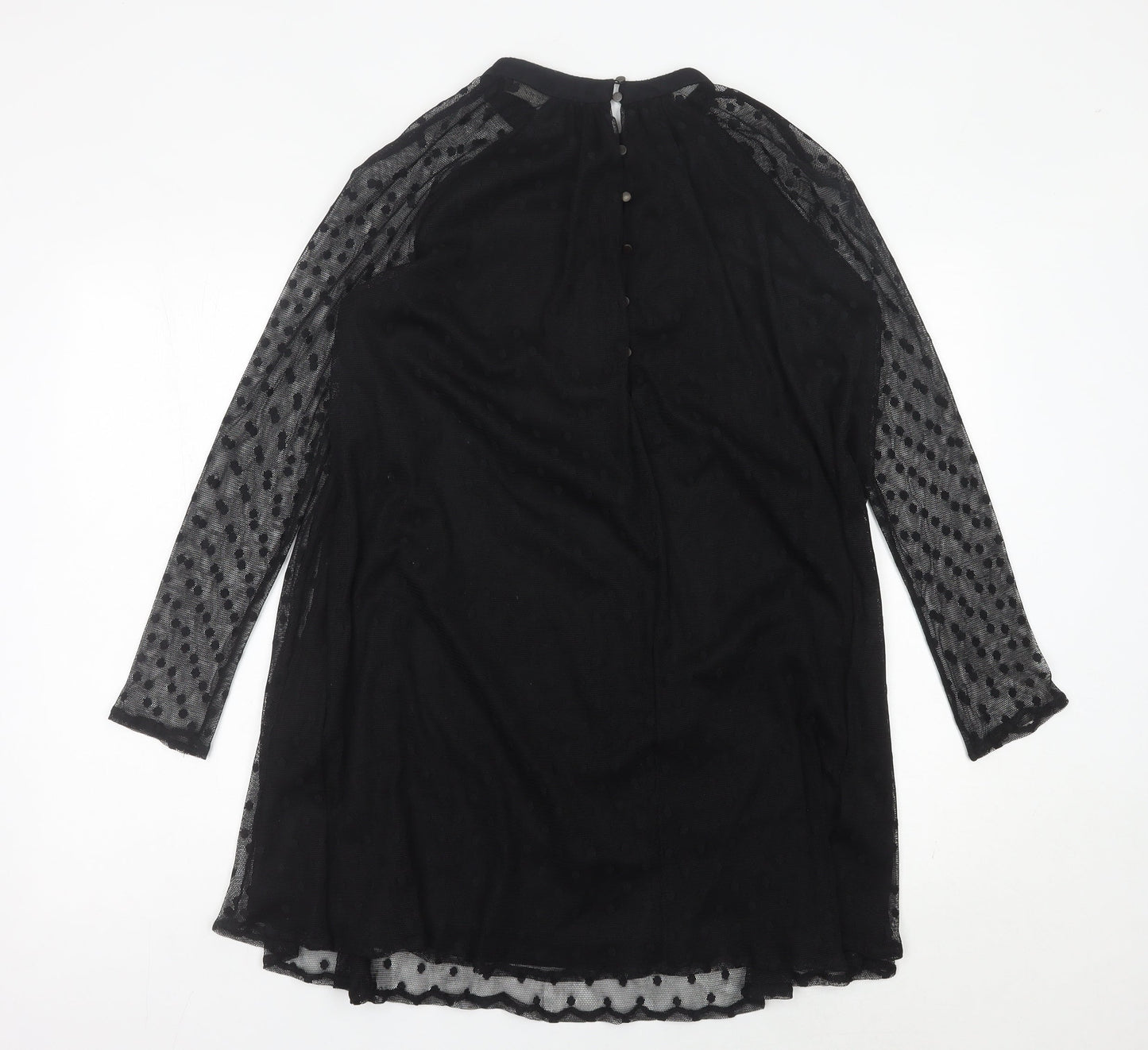 Zara Women Black Shift Dress Size 12 Mesh Polka Dot Long Sleeve