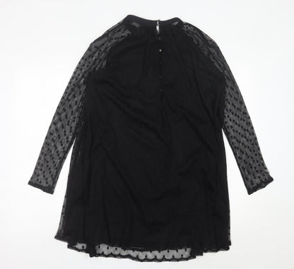 Zara Women Black Shift Dress Size 12 Mesh Polka Dot Long Sleeve