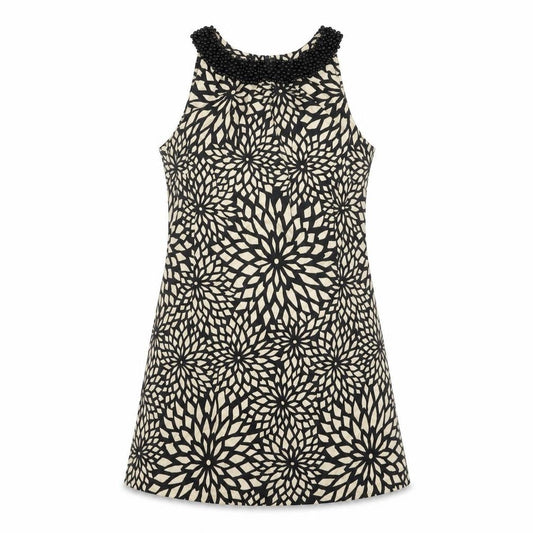Front view of Principles Women’s Black Beige Floral Shift Dress, size UK 14, Beaded