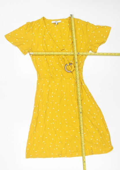 Next Women’s Yellow Wrap Dress Size 6 Short Sleeve V-Neck