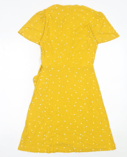 Next Women’s Yellow Wrap Dress Size 6 Short Sleeve V-Neck