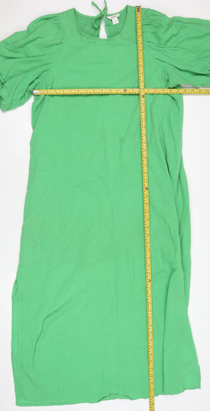 Monki Women’s Green Cotton Shift Dress Size M Puff Sleeve Casual