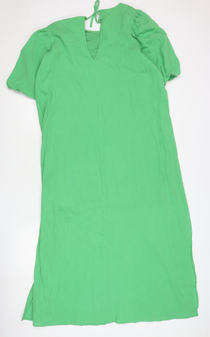 Monki Women’s Green Cotton Shift Dress Size M Puff Sleeve Casual