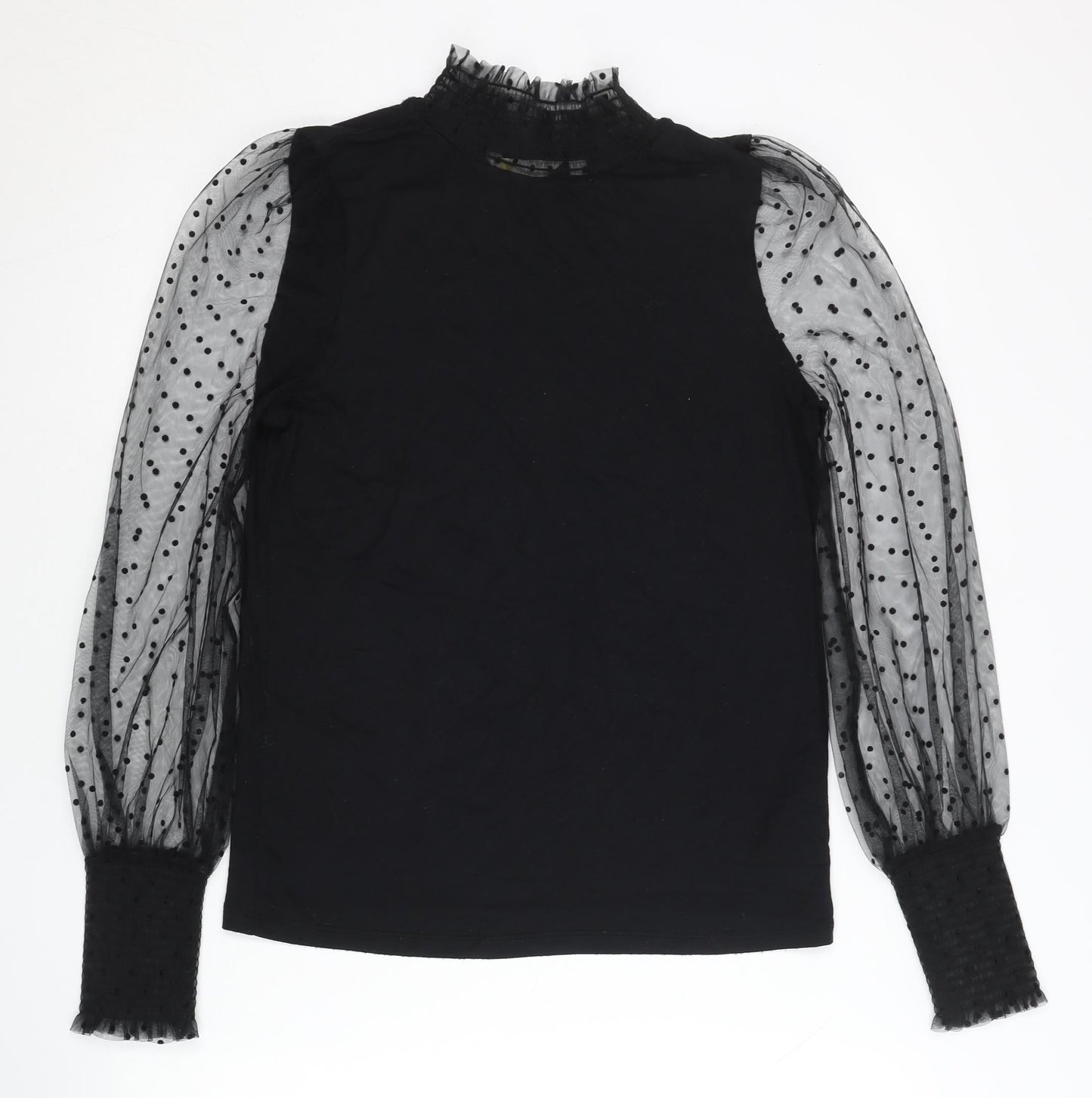Boden Womens Black Sheer Polka Dot Puff Sleeve High Neck Blouse UK 6