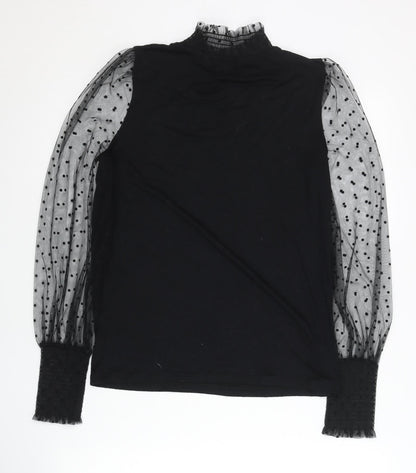 Boden Womens Black Sheer Polka Dot Puff Sleeve High Neck Blouse UK 6