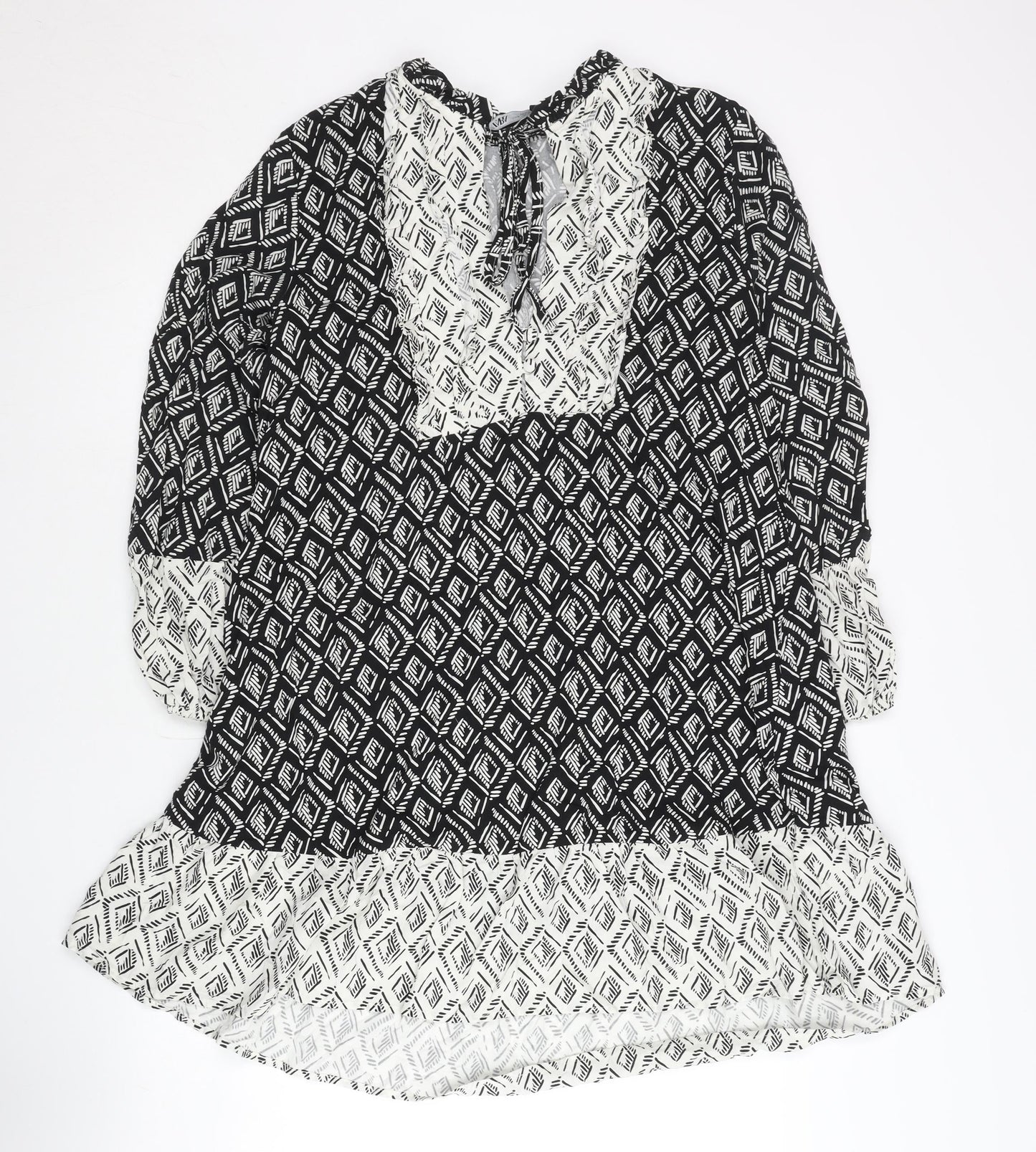 Zara Women’s Black Geometric Shift Dress Size 12 V-Neck Long Sleeve