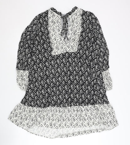 Zara Women’s Black Geometric Shift Dress Size 12 V-Neck Long Sleeve