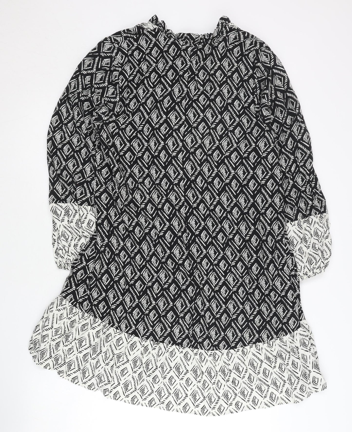 Zara Women’s Black Geometric Shift Dress Size 12 V-Neck Long Sleeve