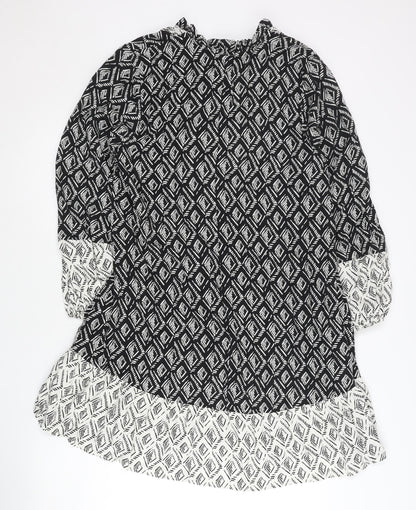 Zara Women’s Black Geometric Shift Dress Size 12 V-Neck Long Sleeve