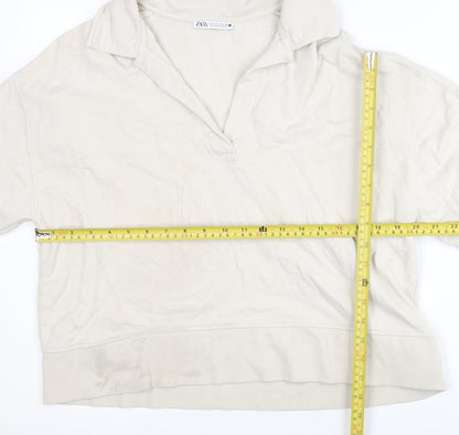 Zara Women Beige Collared Pullover Sweatshirt Size S