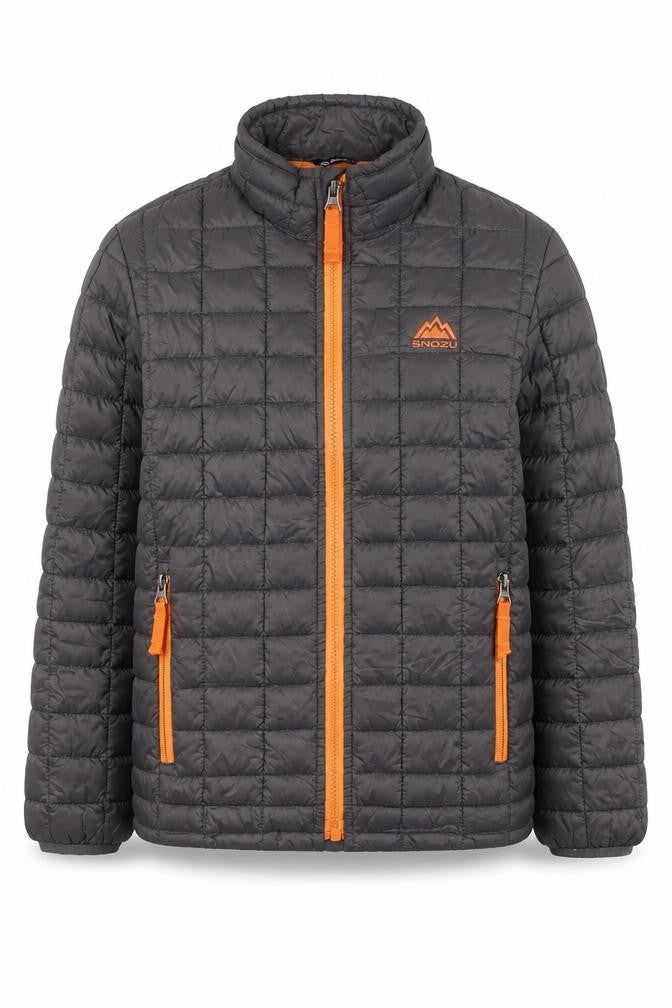 Front view of Snozu boys’ grey quilted puffer jacket xs lightweight winter coat