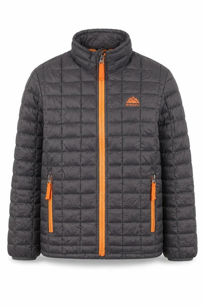 Front view of Snozu boys’ grey quilted puffer jacket xs lightweight winter coat