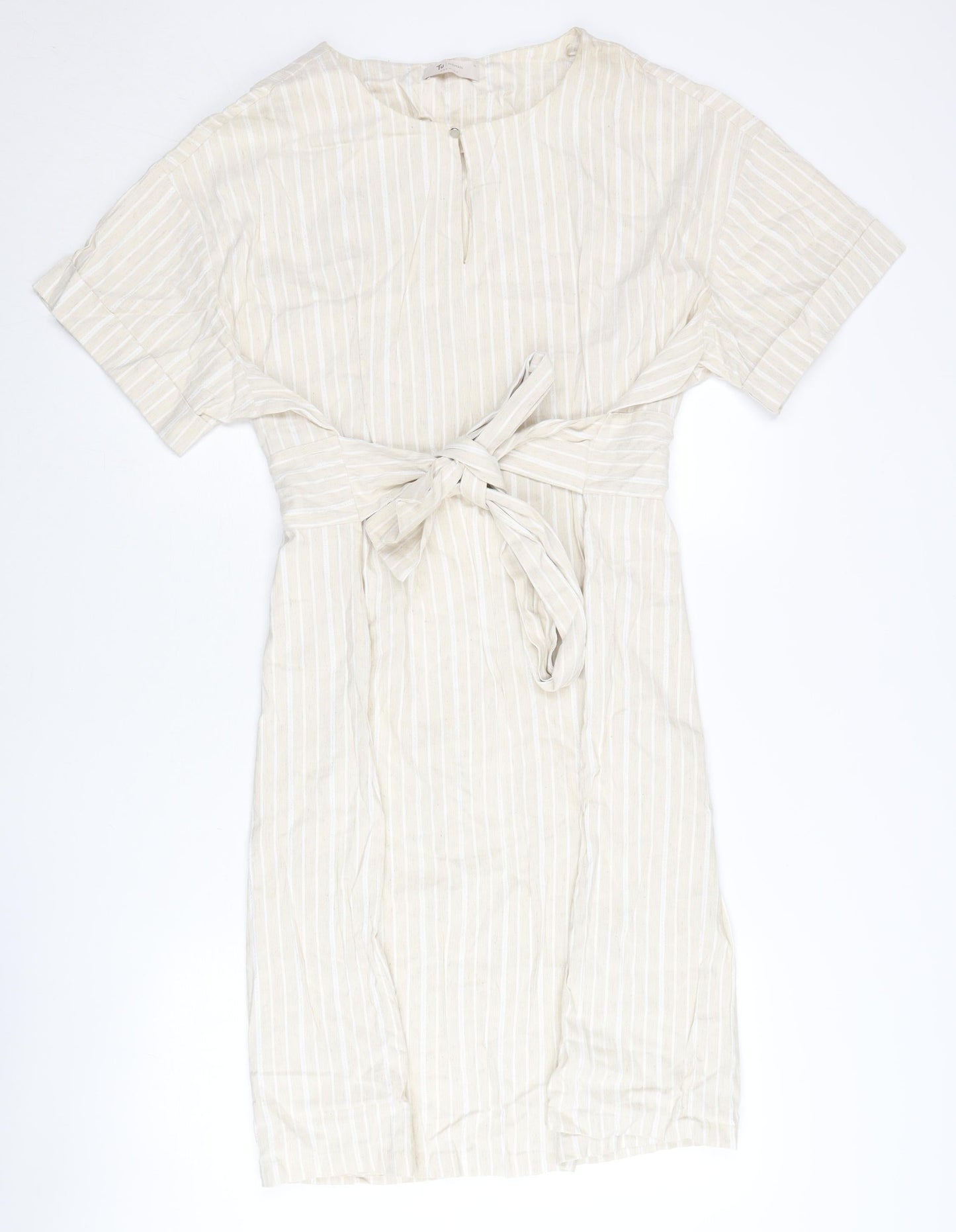 Tu Women Beige Striped Belted Shift Dress Size 20 Knee Length