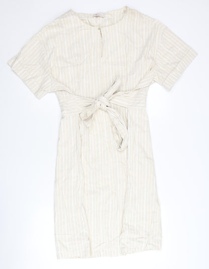 Tu Women Beige Striped Belted Shift Dress Size 20 Knee Length