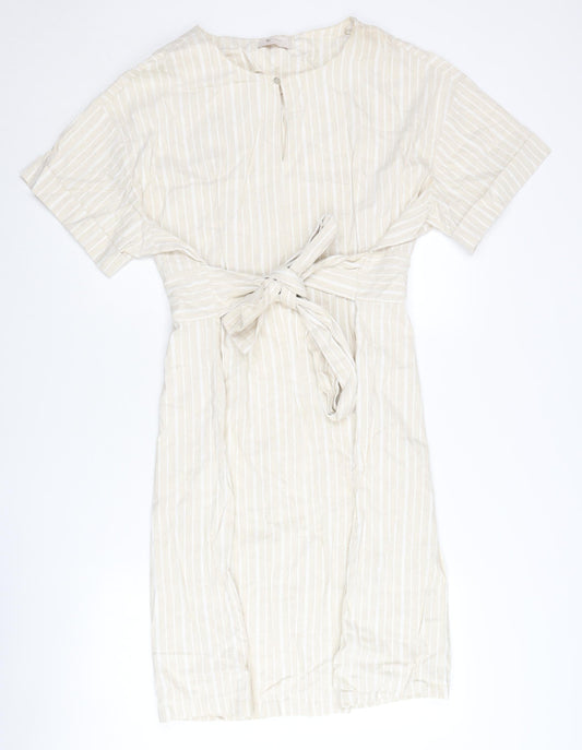 Tu Women Beige Striped Belted Shift Dress Size 20 Knee Length