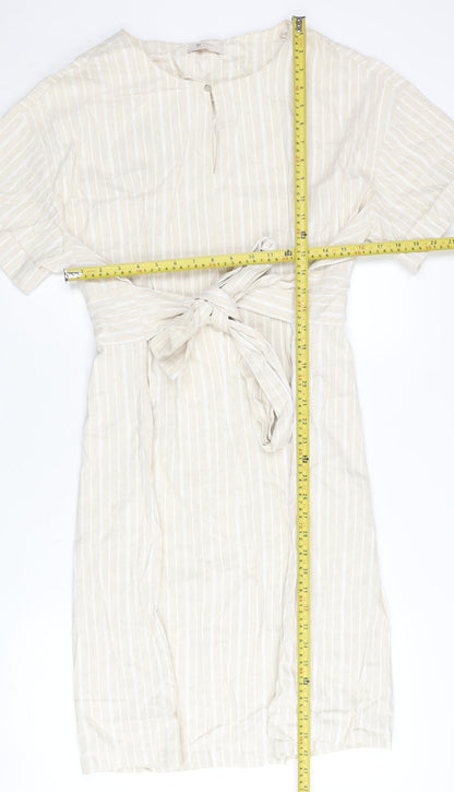 Tu Women Beige Striped Belted Shift Dress Size 20 Knee Length