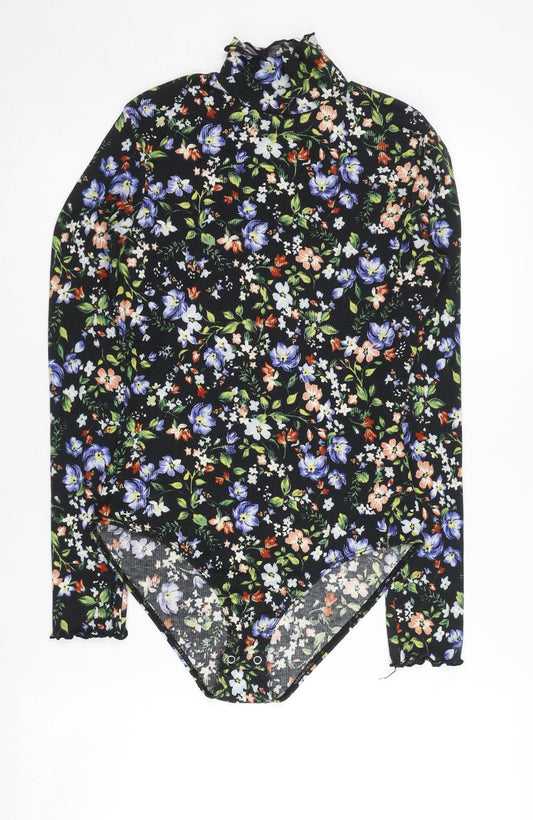 Bershka Women Black Floral Bodysuit Size 12 Long Sleeve High Neck