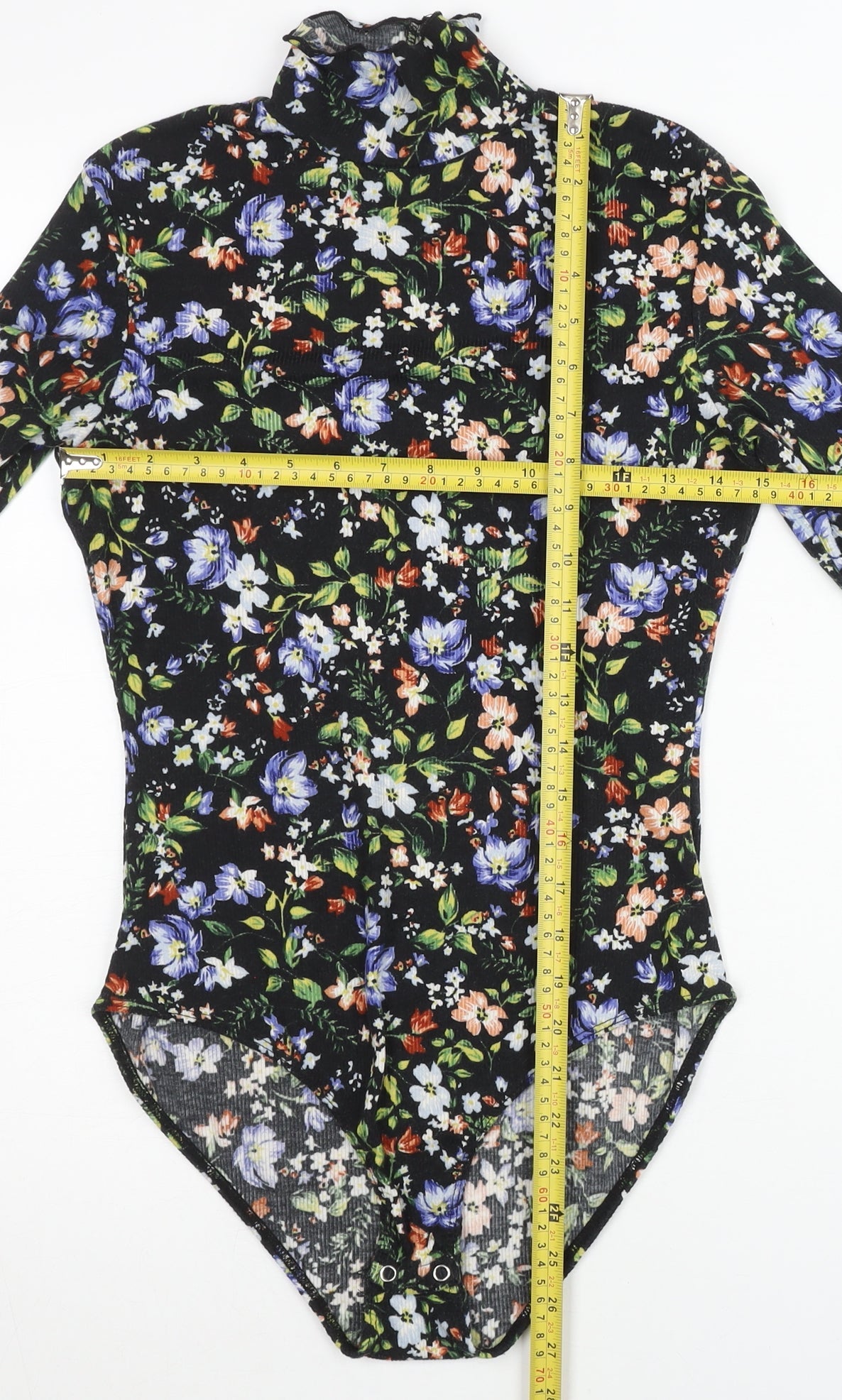 Bershka Women Black Floral Bodysuit Size 12 Long Sleeve High Neck