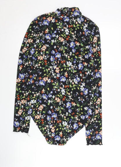 Bershka Women Black Floral Bodysuit Size 12 Long Sleeve High Neck