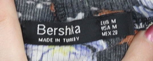 Bershka Women Black Floral Bodysuit Size 12 Long Sleeve High Neck