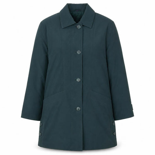 Front view of Nuage women’s green, size UK 10, mid-length overcoat polyester nylon