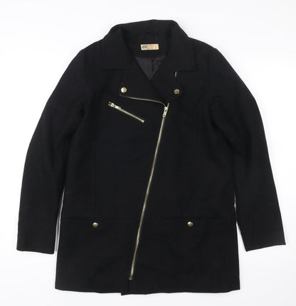 H&M Women’s Black Wool Blend Biker Coat Size 12 Mid Length