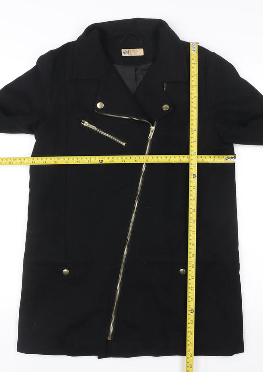 H&M Women’s Black Wool Blend Biker Coat Size 12 Mid Length
