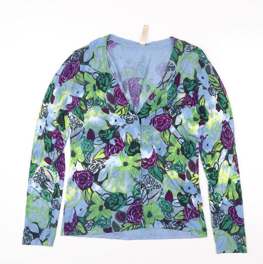 Additional front view of Oui Moments women’s multicoloured floral cardigan, size UK 10, v-neck