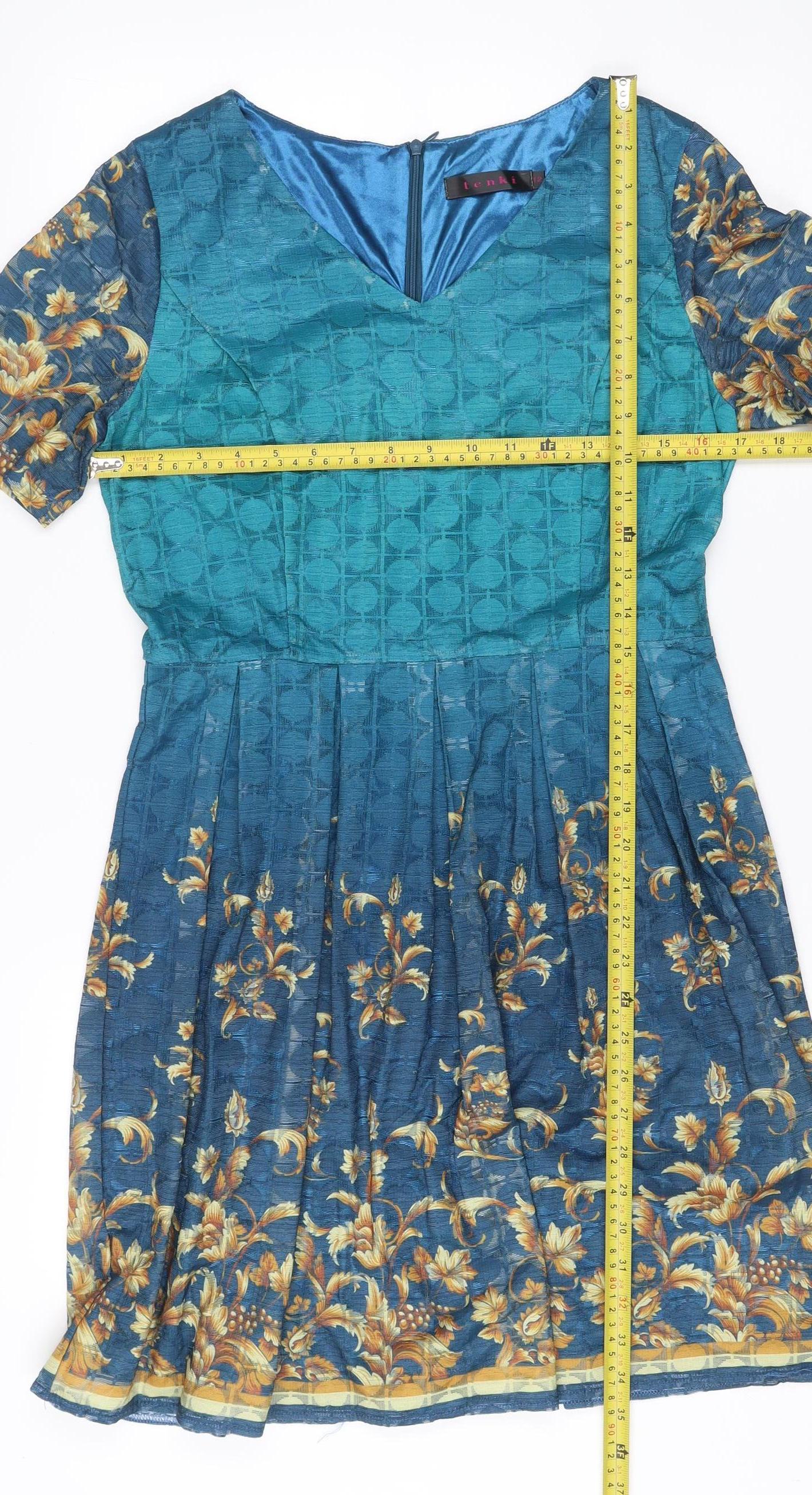 Tenki London Women Blue Floral Fit & Flare Dress Size 12 V-Neck Knee Length