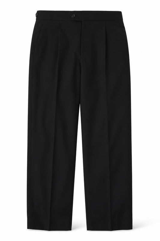 Front view of James Barry unisex adults black wool blend formal dress trousers, size 36r