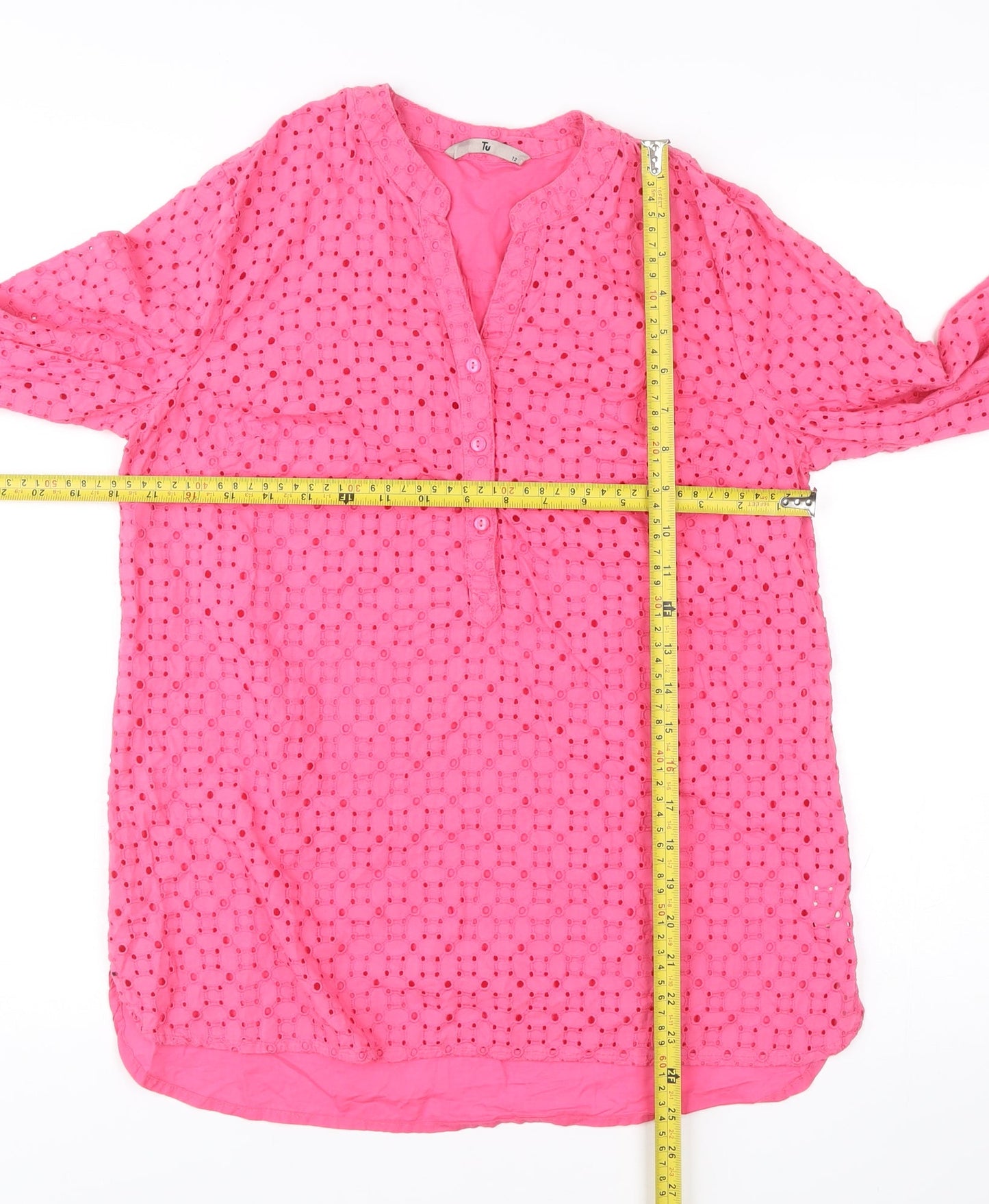 Tu Women’s Pink Cotton Tunic Blouse Size 12 Henley 3/4 Sleeve