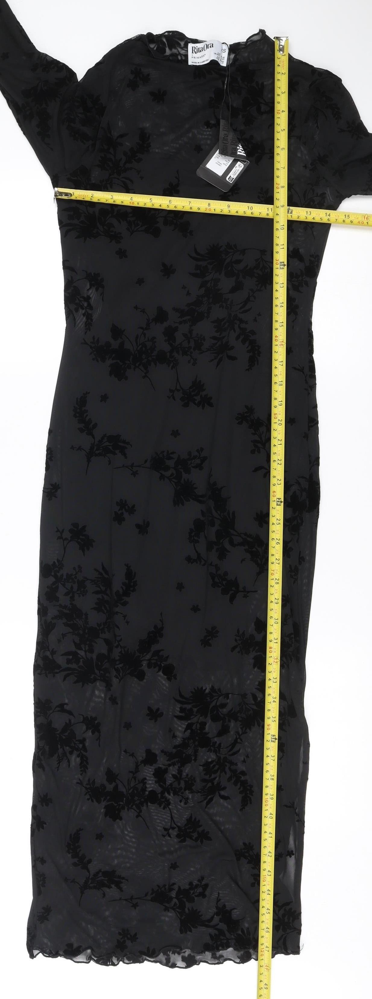 Rita Ora x Primark Women’s Black XS Velvet Floral Mesh Long Sleeve Bodycon Midi Dress