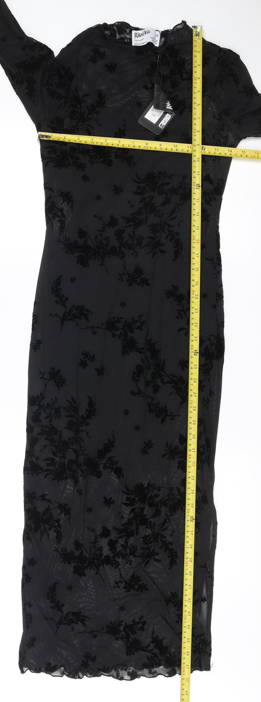 Rita Ora x Primark Women’s Black XS Velvet Floral Mesh Long Sleeve Bodycon Midi Dress