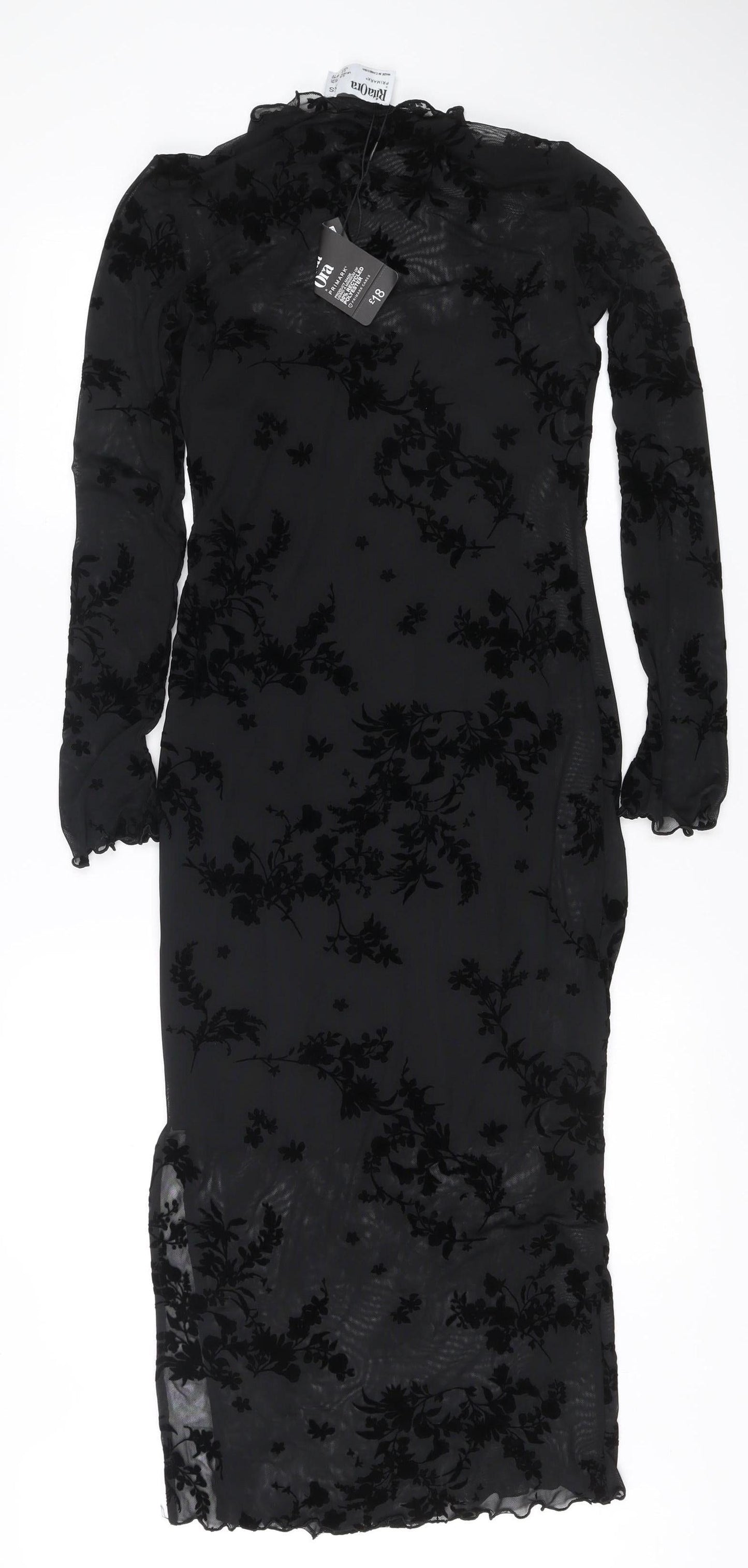 Rita Ora x Primark Women’s Black XS Velvet Floral Mesh Long Sleeve Bodycon Midi Dress