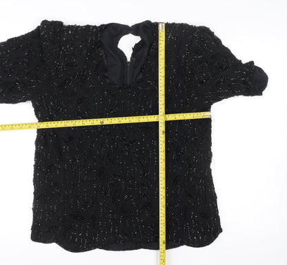 Glamour Women’s Black Beaded Viscose Tunic Blouse M Short Sleeve