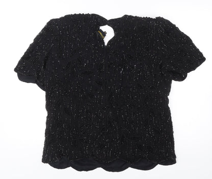 Glamour Women’s Black Beaded Viscose Tunic Blouse M Short Sleeve