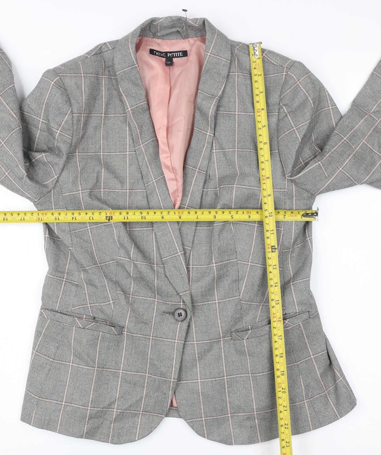 Next Petite Grey Check Blazer Women Size 12P Single-Breasted