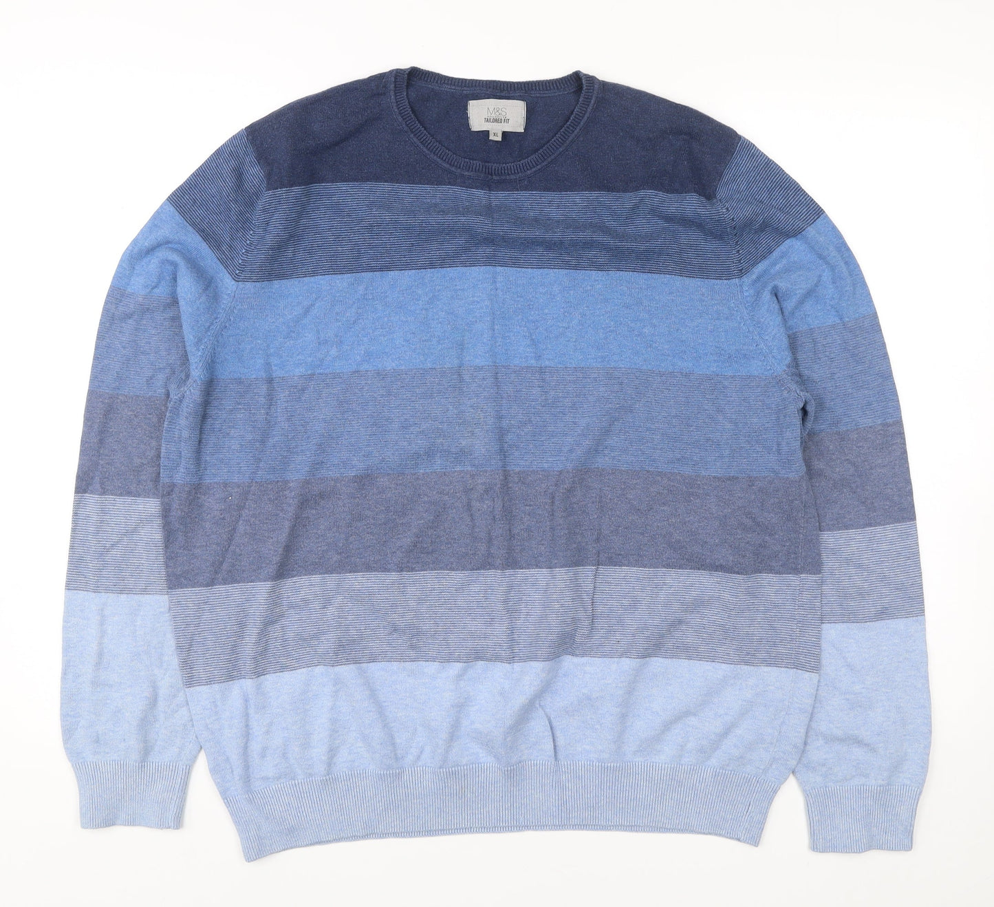 Marks and Spencer Men’s Blue Striped Cotton Jumper XL Regular Fit