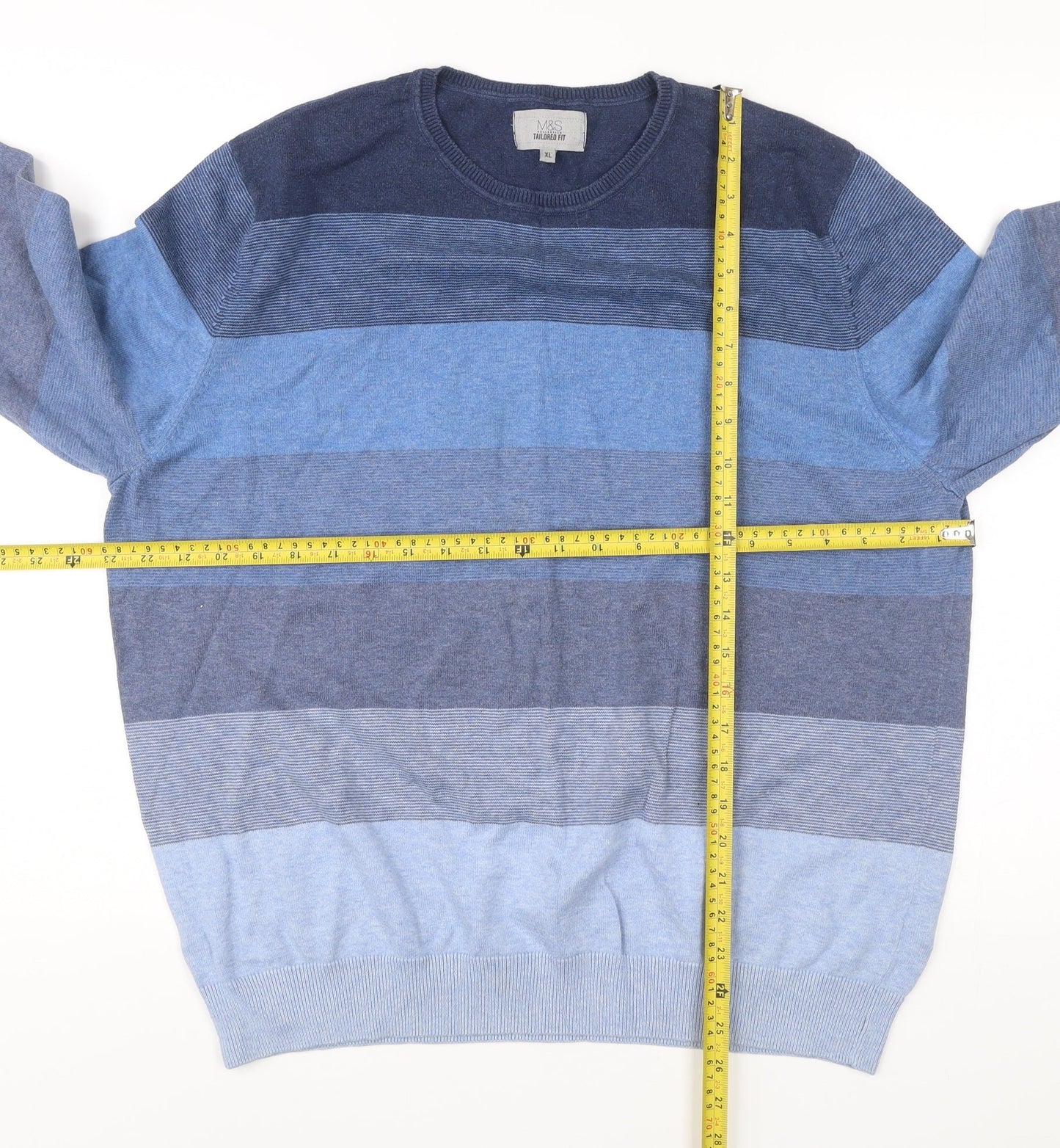 Marks and Spencer Men’s Blue Striped Cotton Jumper XL Regular Fit