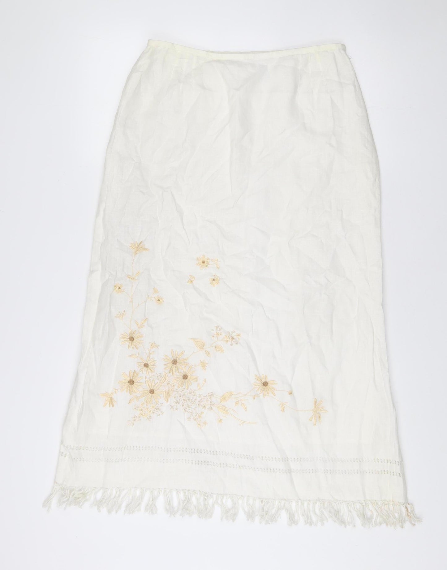 Liz Claiborne Women’s Ivory Floral Embroidered Linen Blend Skirt UK 10