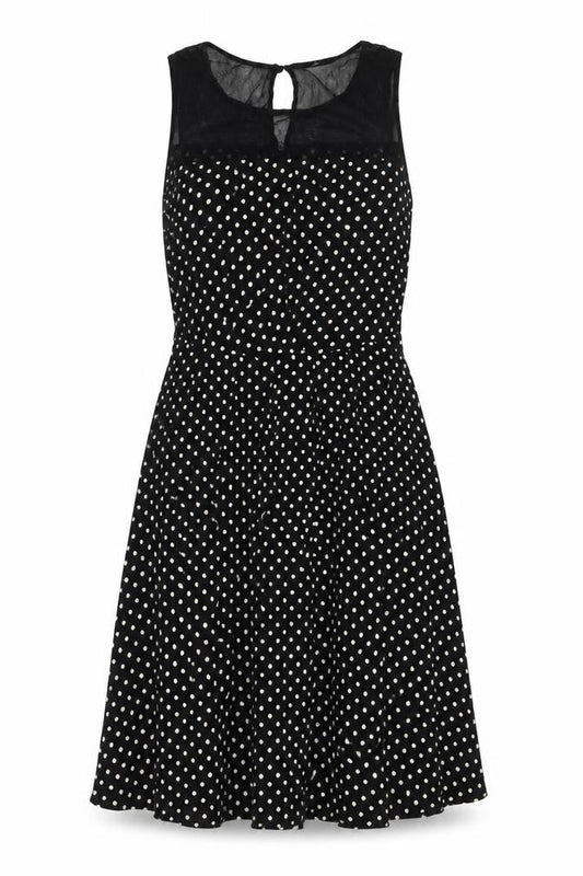 Front view of Wallis Petite Women's Black Polka Dot Fit & Flare Dress, size 10