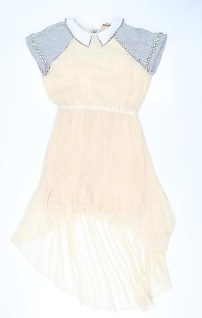 Ci Ci London Womens Beige Grey A-Line Dress Size S Collared Beaded Party